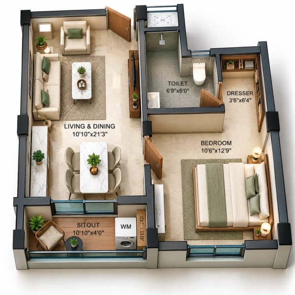 1 BHK Apartment floor plan — GTB Elements Madhuram