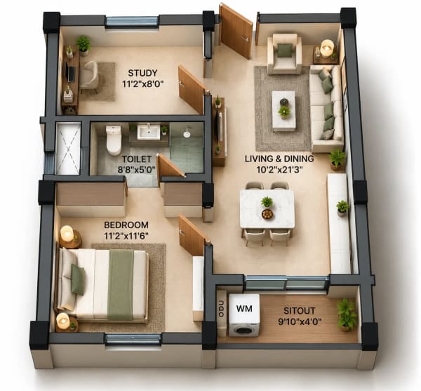 1.5 BHK Apartment floor plan — GTB Elements Madhuram