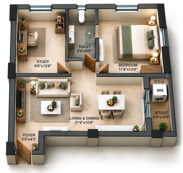 1.5 BHK Apartment floor plan — GTB Elements Madhuram