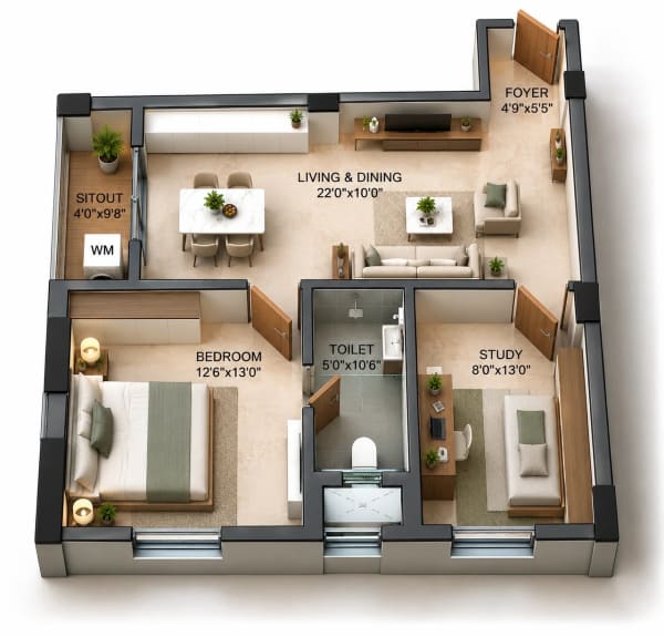 1.5 BHK Apartment floor plan — GTB Elements Madhuram