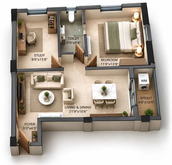 1.5 BHK Apartment floor plan — GTB Elements Madhuram