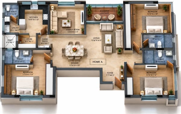 3 BHK Apartment floor plan — 5 Dugar