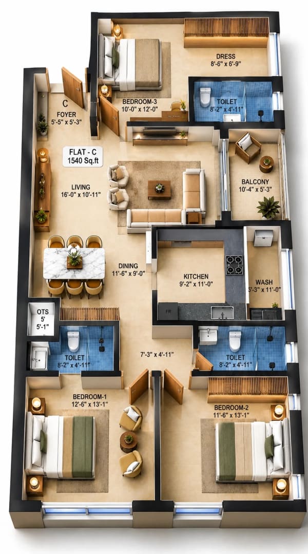 3 BHK Apartment floor plan — Gatala Mahadev