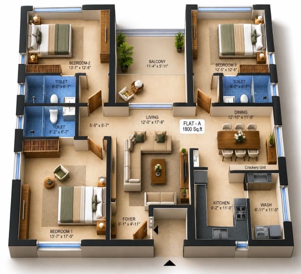 3 BHK Apartment floor plan — Gatala Mahadev