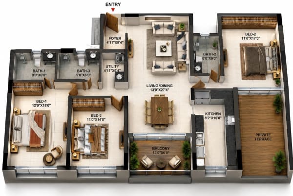 3 BHK Apartment – 2010 Sq.Ft. floor plan — Casagrand Ascentia