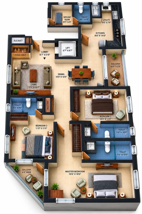 3 BHK Apartment floor plan — RAMS Upscale