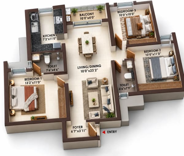 3 BHK Apartment floor plan — Casagrand Celest