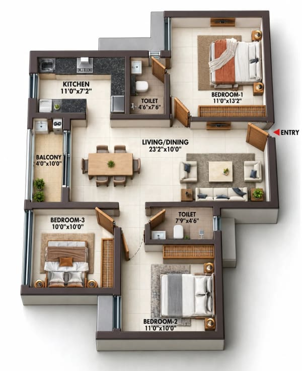 3 BHK Apartment floor plan — Casagrand Celest