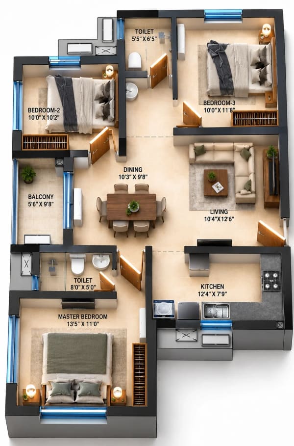 3 BHK Homes floor plan — DRA Richburg 