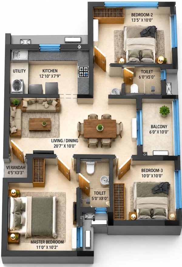 3 BHK Homes floor plan — DRA Richburg 