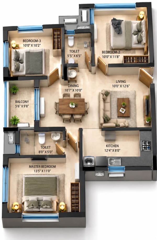 3 BHK Homes floor plan — DRA Richburg 