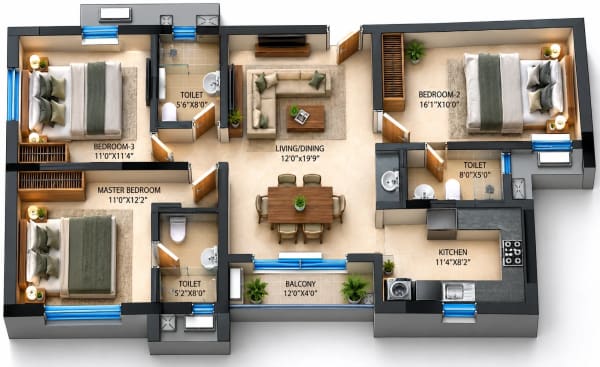 3 BHK Homes floor plan — DRA Richburg 