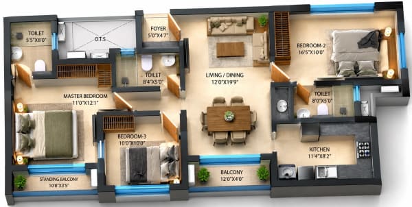 3 BHK Homes floor plan — DRA Richburg 