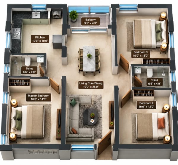 3 BHK Apartment floor plan — Aanirudh Annapoorna Kamakshi