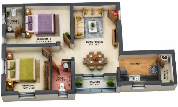 2 BHK Apartment floor plan — JCS Emerald