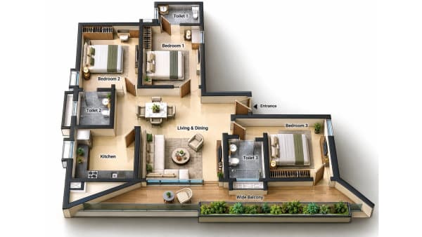 3 BHK Apartment floor plan — Greenfield Lavender