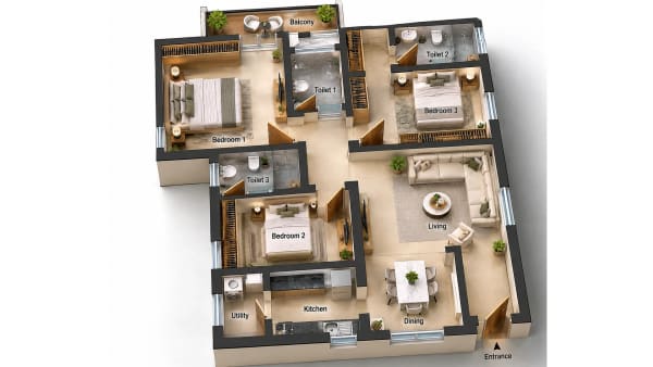 3 BHK Apartment floor plan — Greenfield Lavender