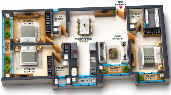 3 BHK Apartment floor plan — SPR Sky Towers