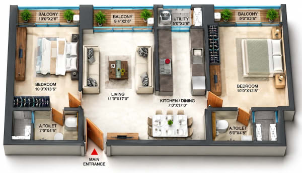 2 BHK Apartment floor plan — SPR Sky Towers