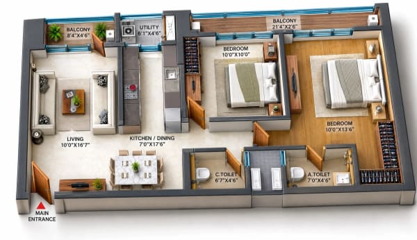 2 BHK Apartment floor plan — SPR Sky Towers