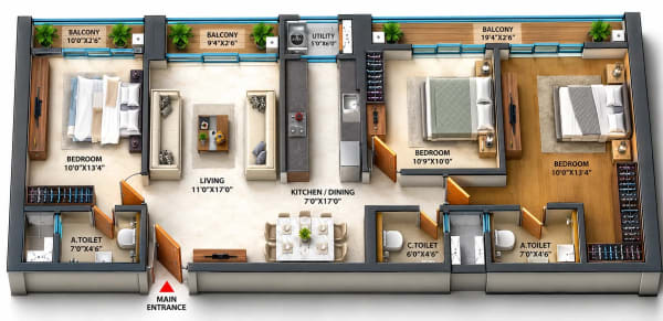 3 BHK Apartment floor plan — SPR Sky Towers