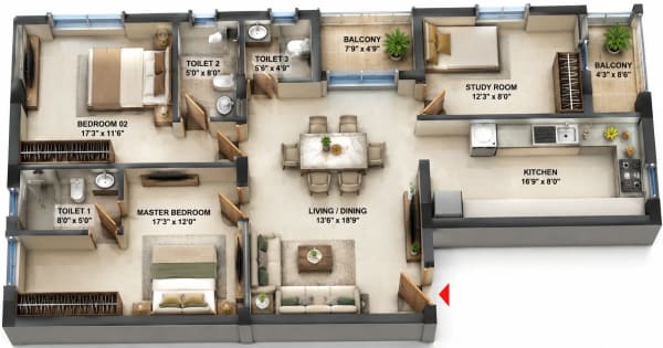 3 BHK Apartment floor plan — RAMS Avigna