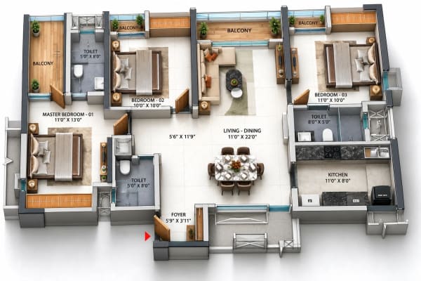 3 BHK Apartment floor plan — Aanirudh Sri Vignesh