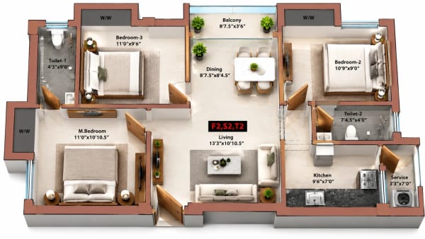3 BHK Apartment floor plan — MP Rue Radiale