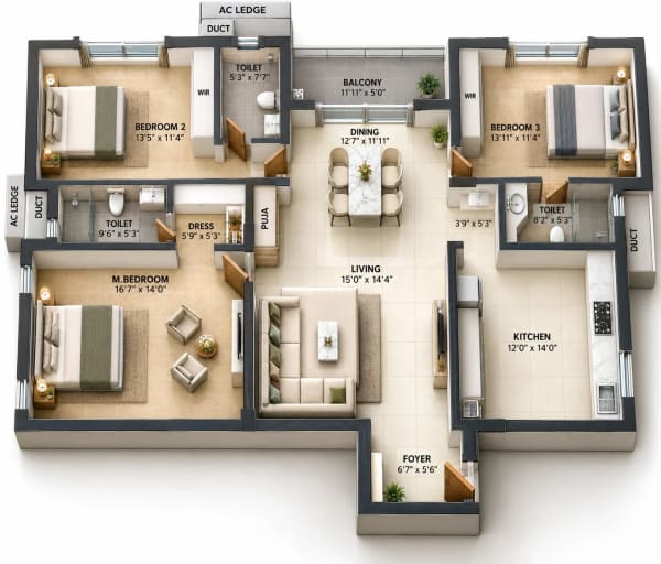 3 BHK Apartment floor plan — Iyra The New Town