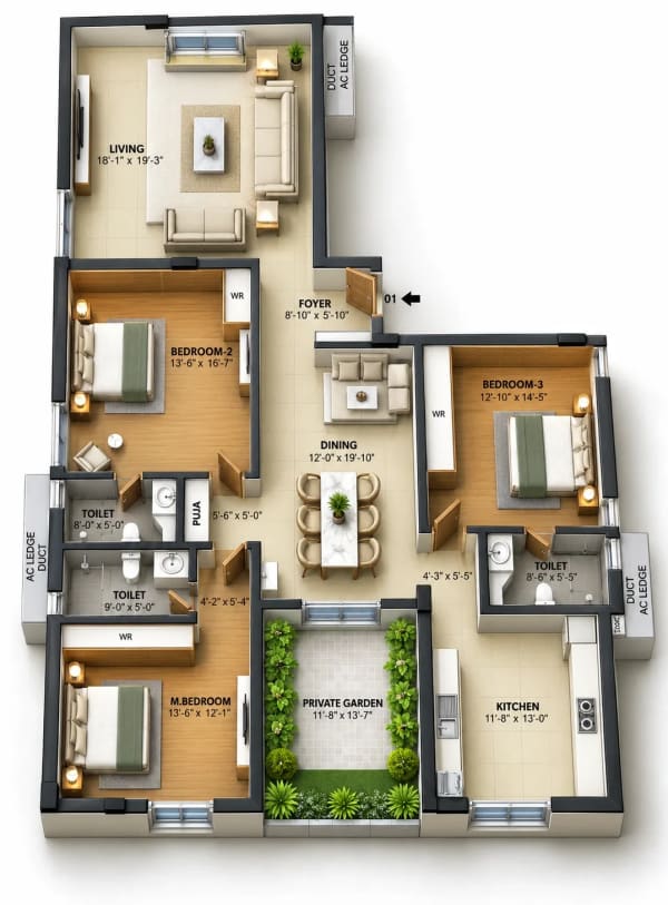 3 BHK Apartment floor plan — Iyra The New Town