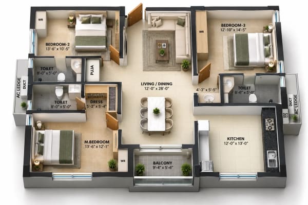 3 BHK Apartment floor plan — Iyra The New Town