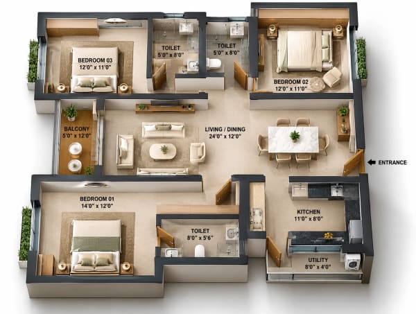3 BHK Apartment floor plan — Lakevista at Purva Windermere