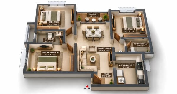 3 BHK Apartment floor plan — Lakevista at Purva Windermere