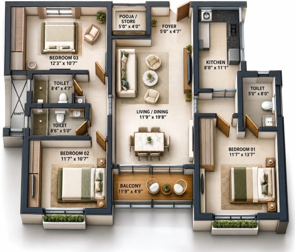 3 BHK Apartment floor plan — Lakevista at Purva Windermere
