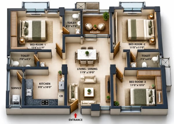 3 BHK Apartment floor plan — Nest Beyonce