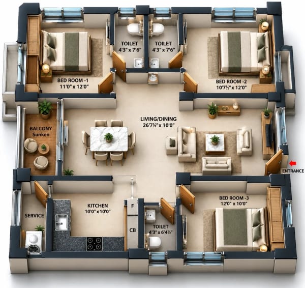3 BHK Apartment floor plan — Nest Beyonce