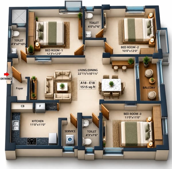 3 BHK Apartment floor plan — Nest Beyonce