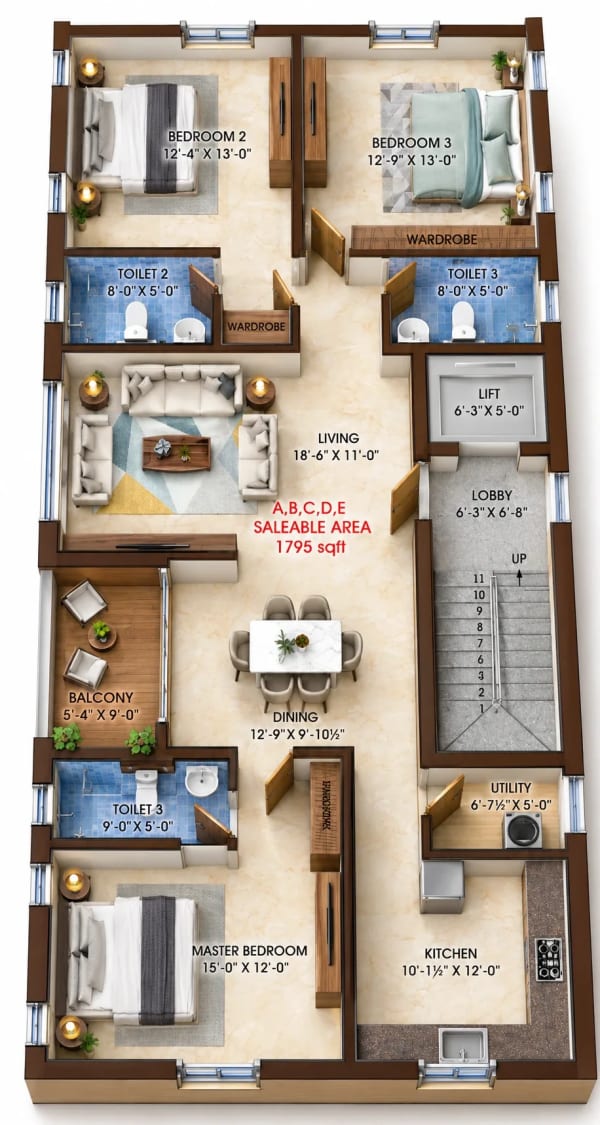 3 BHK Apartment floor plan — KCee Sai Rathnam