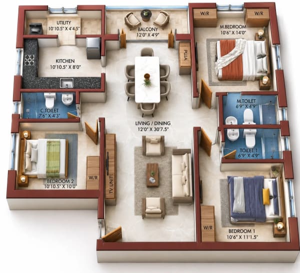 3 BHK Apartment floor plan — KCee Inbam