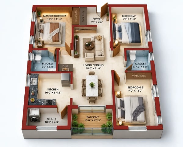3 BHK Apartment floor plan — KCee Sabari