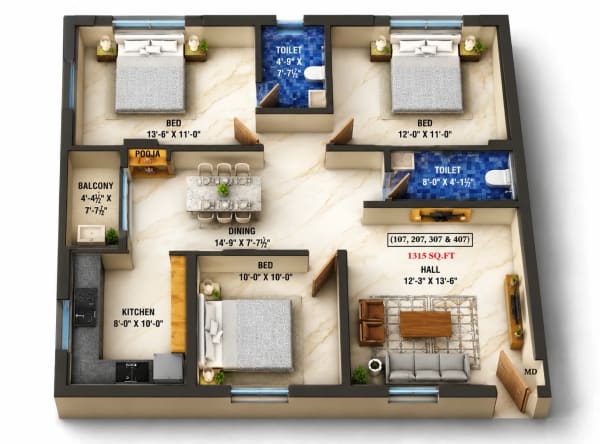 3 BHK Apartment floor plan — Ayyan Devesh
