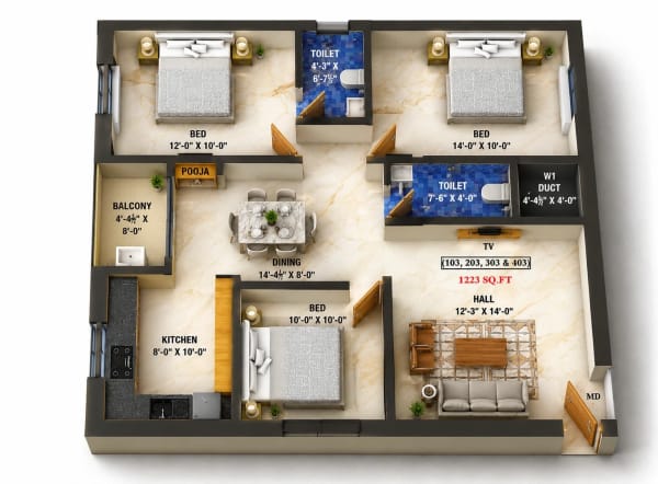 3 BHK Apartment floor plan — Ayyan Devesh