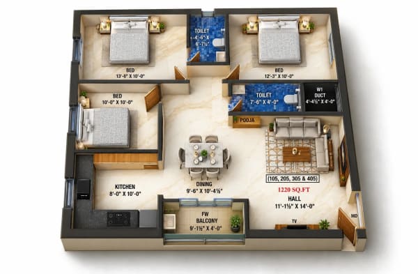 3 BHK Apartment floor plan — Ayyan Devesh