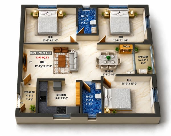 3 BHK Apartment floor plan — Ayyan Devesh