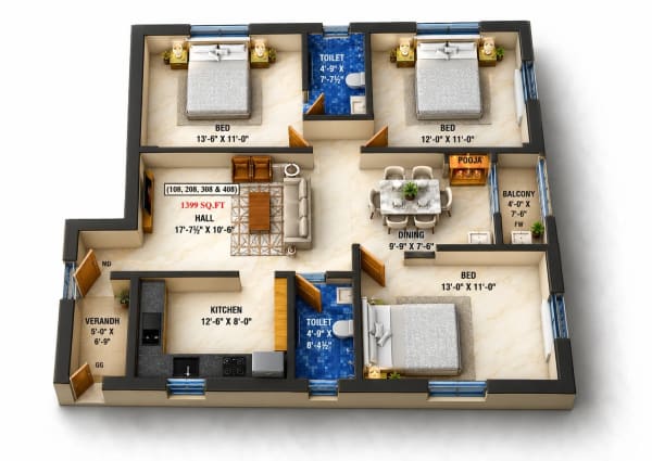 3 BHK Apartment floor plan — Ayyan Devesh