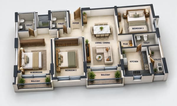 3 BHK Apartment floor plan — Voora Agastya Heights