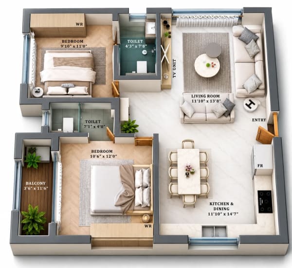 2 BHK Apartment floor plan — Jehovah’s Ponnagam