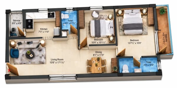 2 BHK Apartment floor plan — Cinnamon Bliss
