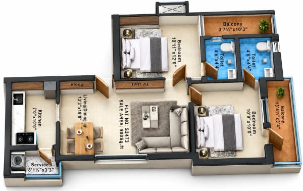 2 BHK Apartment floor plan — Cinnamon Breeze