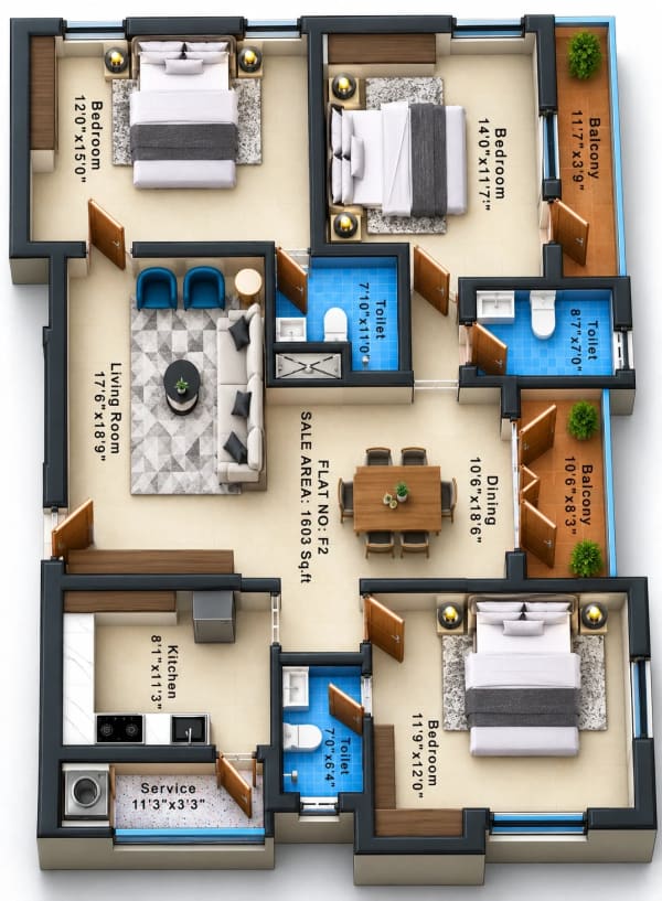 3 BHK Apartment floor plan — Cinnamon Breeze